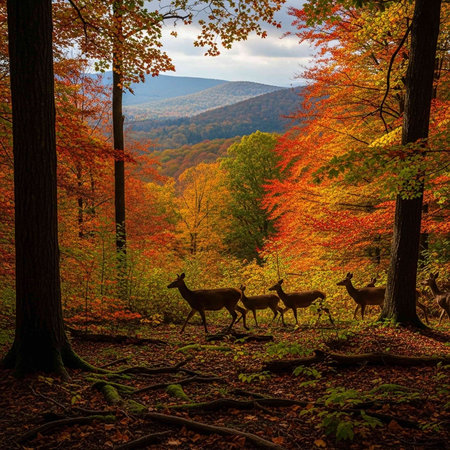 A serene forest scene with deer walking through autumnal treesの写真素材