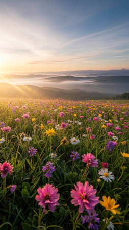 A serene field of colorful flowers at sunrise with a beautiful skyの写真素材