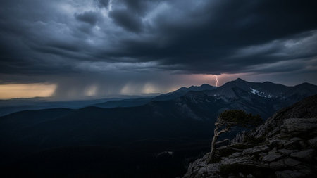 A dramatic mountain landscape with a lightning storm in the skyの写真素材