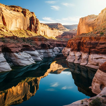 A serene canyon landscape with a calm river reflecting the surrounding cliffsの写真素材
