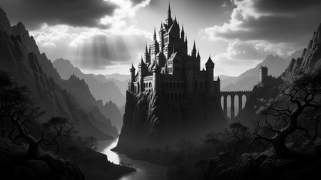 A dramatic black and white castle sits atop a mountain surrounded by treesの写真素材