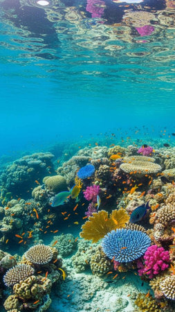 Vibrant coral reef teeming with colorful fish underwater in ocean