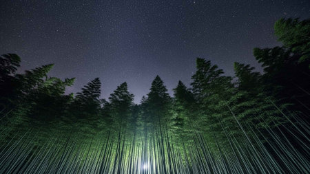 A serene forest under a starry night sky with green lightsの写真素材