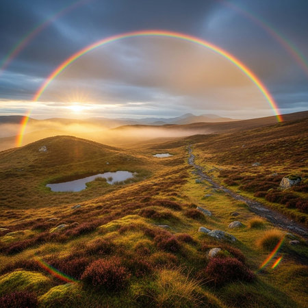 A serene landscape with a vibrant rainbow over a rolling hill at sunsetの写真素材