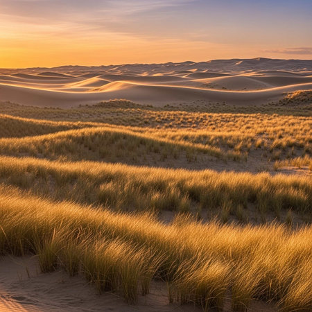 A serene desert landscape with sand dunes and grass at sunset