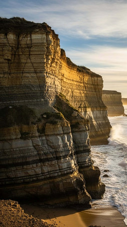A serene landscape of rugged cliffs by the ocean at sunset