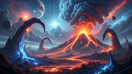 A dramatic volcanic eruption in a fantasy landscape with lava and lightning