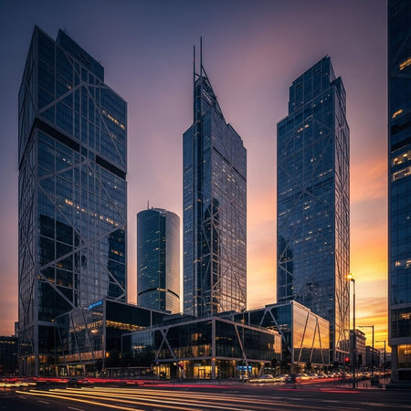 A modern cityscape at sunset with sleek skyscrapers and vibrant light trails
