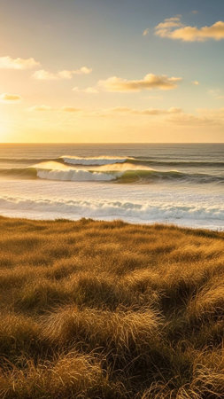 A serene ocean landscape at sunset with waves and golden grassの写真素材