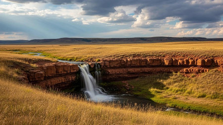 A serene waterfall cascades into a tranquil valley surrounded by vast open landscapesの写真素材