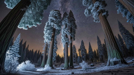 A serene winter landscape with snow-covered trees under a starry night skyの写真素材