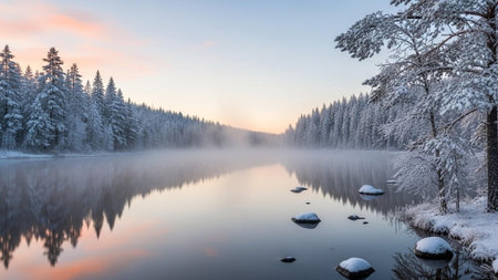 A serene winter landscape with snow-covered trees and a calm lake at sunrise