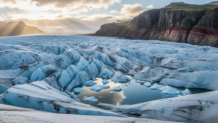 A breathtaking landscape of a glacier with a serene pool of waterの写真素材