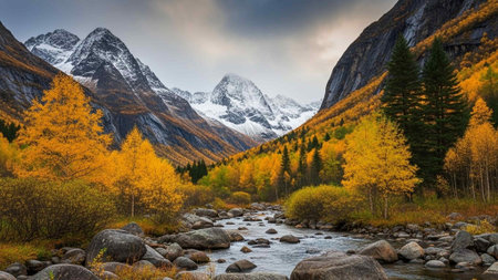 A serene mountain landscape with a river flowing through autumnal trees