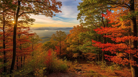 A serene forest landscape with vibrant autumn colors at sunset