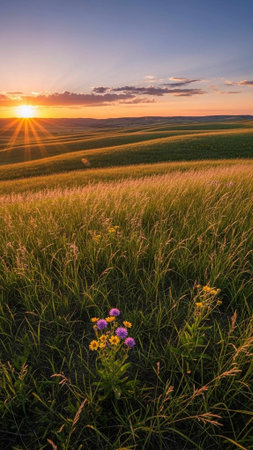 A serene landscape of a green field with flowers at sunset