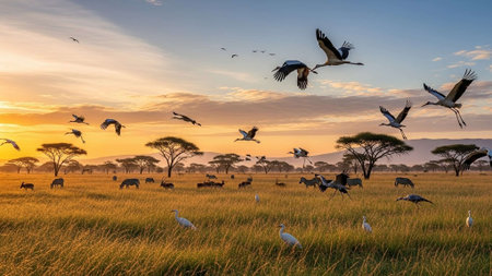 A serene savannah landscape at sunset with birds flying and animals roaming freelyの写真素材