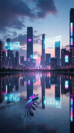 A futuristic cityscape with neon lights reflected in a calm body of water at dusk
