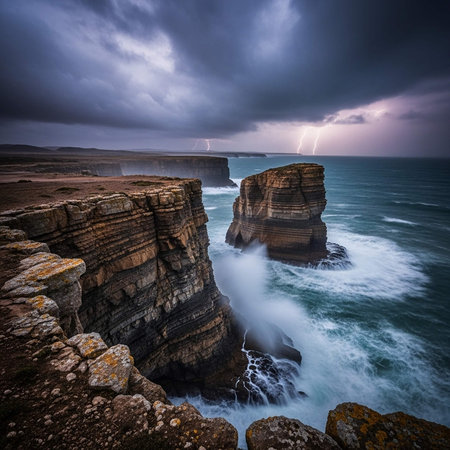 A dramatic seascape with rugged cliffs and stormy weather conditionsの写真素材