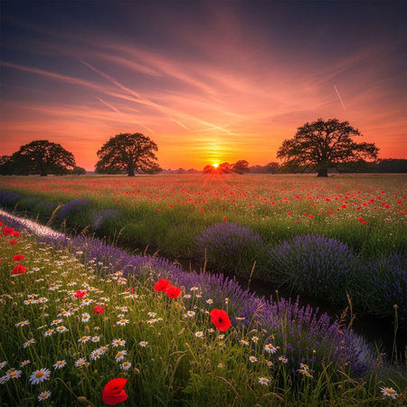 A serene landscape of a field of flowers at sunset with trees in the distance
