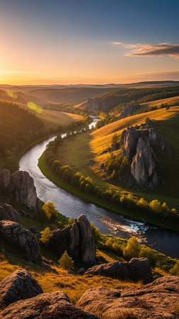 A serene landscape of a winding river at sunset with rocky outcrops and rolling hills