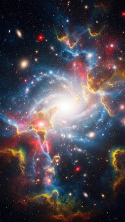 A vibrant galaxy with stars and colorful nebulae in deep spaceの写真素材