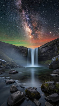 A breathtaking waterfall under a vibrant starry night sky with the Milky Way