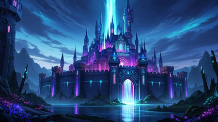 A majestic fantasy castle illuminated by vibrant purple and blue lights at night