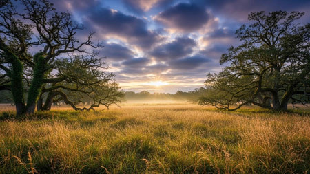 A serene landscape of trees in a field at sunset