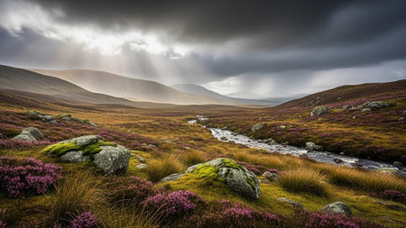 A serene landscape of rolling hills and a stream under a cloudy sky