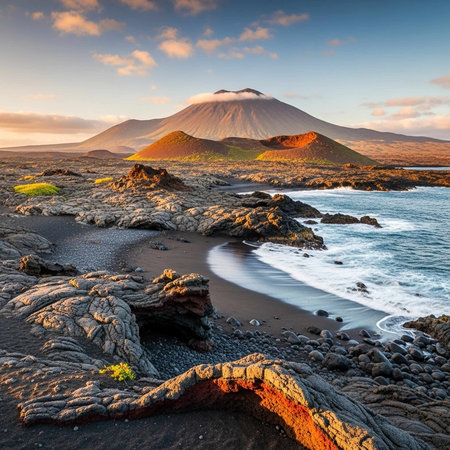 A serene landscape of a rocky beach with a majestic mountain in the background at sunset