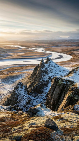 Icelandic winter landscape with snow and icelandic river.
