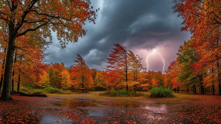 Autumn rain in the forest. Panorama of autumn forest with lightningの写真素材