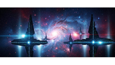 Space background with space ships and stars.