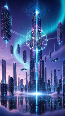 Futuristic cityscape with digital hologram. 3d rendering