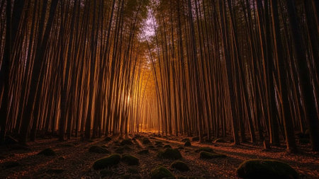 Bamboo grove in the light of the setting sun in autumnの写真素材