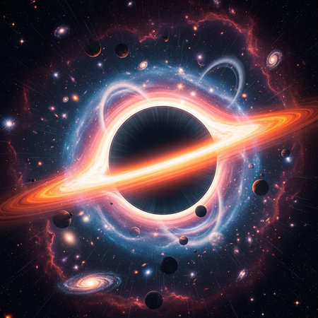 A vibrant black hole surrounded by colorful planets and stars in space