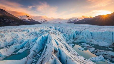 A breathtaking glacier landscape at sunset with snow-capped mountains