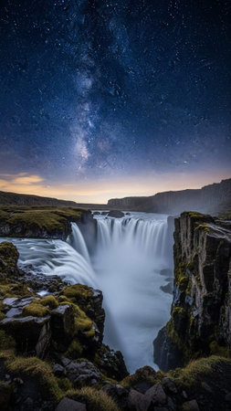 A breathtaking waterfall under a starry night sky with the Milky Way