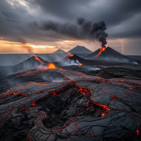 A dramatic landscape of volcanic eruption with lava flows and smokeの写真素材