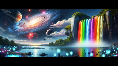 A vibrant rainbow waterfall cascades into a serene lake under a starry night sky with planets and...