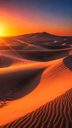 A serene desert landscape at sunset with vibrant orange sand dunesの写真素材