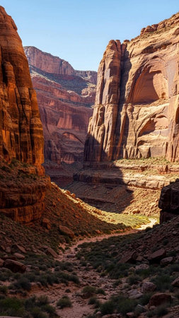 A breathtaking canyon landscape with towering red rock formations under a clear blue sky