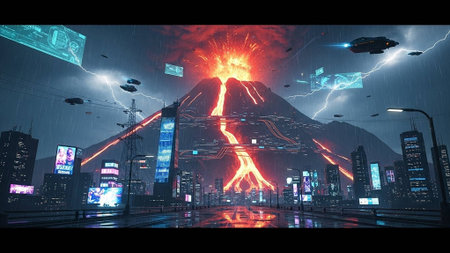 A futuristic cityscape with a volcano erupting in the background at night