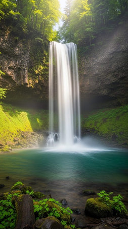 A serene waterfall cascading into a tranquil pool surrounded by lush greeneryの写真素材