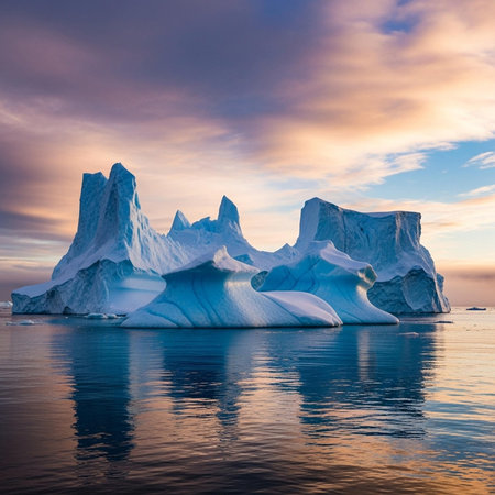 A serene landscape of icebergs floating in calm water at sunsetの写真素材
