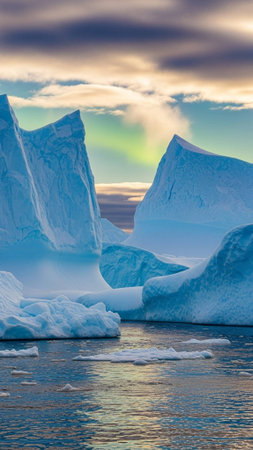 A serene landscape of icebergs floating in the ocean at sunsetの写真素材