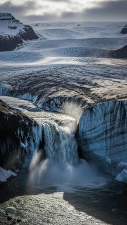 A breathtaking waterfall cascades into a serene icy landscape