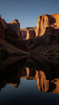 A serene canyon landscape with a calm river reflecting the rocky cliffsの写真素材