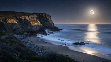 A serene beach at night with a full moon shining over the ocean